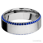 8 mm wide/High Bevel/14K White Gold band with a Bevel Eternity arrangement of .01 carat Round Sapphire stones in a Bead setting.