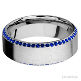 8 mm wide/High Bevel/14K White Gold band with a Bevel Eternity arrangement of .01 carat Round Sapphire stones in a Bead setting.
