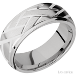 8 mm wide/Domed Stepped Down Edges/14K White Gold band with a machined Lattice pattern.