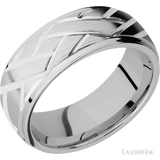 8 mm wide/Domed Stepped Down Edges/14K White Gold band with a machined Lattice pattern.