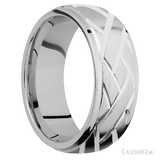 8 mm wide/Domed Stepped Down Edges/14K White Gold band with a machined Lattice pattern.