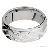 8 mm wide/Domed Stepped Down Edges/14K White Gold band with a machined Lattice pattern.