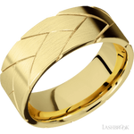 8 mm wide/Flat/14K Yellow Gold band with a machined Flatbraid pattern.