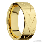 8 mm wide/Flat/14K Yellow Gold band with a machined Flatbraid pattern.