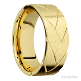 8 mm wide/Flat/14K Yellow Gold band with a machined Flatbraid pattern.