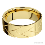 8 mm wide/Flat/14K Yellow Gold band with a machined Flatbraid pattern.