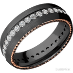 7 mm wide/Domed/Zirconium band with  two 1 mm Sidebraid inlays of 14K Rose Gold and featuring an Eternity arrangement of .03 carat Round Lab Grown Diamond stones in a Bead setting