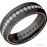 7 mm wide/Domed/Zirconium band with  two 1 mm Sidebraid inlays of 14K Rose Gold and featuring an Eternity arrangement of .03 carat Round Lab Grown Diamond stones in a Bead setting