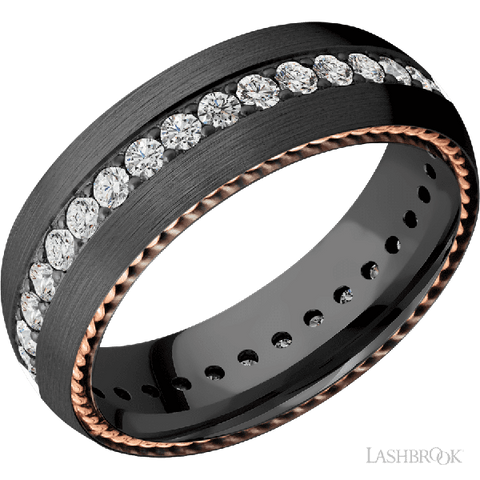 7 mm wide/Domed/Zirconium band with  two 1 mm Sidebraid inlays of 14K Rose Gold and featuring an Eternity arrangement of .03 carat Round Lab Grown Diamond stones in a Bead setting