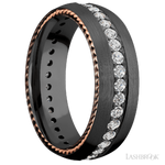 7 mm wide/Domed/Zirconium band with  two 1 mm Sidebraid inlays of 14K Rose Gold and featuring an Eternity arrangement of .03 carat Round Lab Grown Diamond stones in a Bead setting