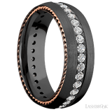 7 mm wide/Domed/Zirconium band with  two 1 mm Sidebraid inlays of 14K Rose Gold and featuring an Eternity arrangement of .03 carat Round Lab Grown Diamond stones in a Bead setting