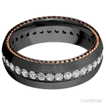 7 mm wide/Domed/Zirconium band with  two 1 mm Sidebraid inlays of 14K Rose Gold and featuring an Eternity arrangement of .03 carat Round Lab Grown Diamond stones in a Bead setting