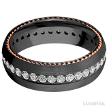7 mm wide/Domed/Zirconium band with  two 1 mm Sidebraid inlays of 14K Rose Gold and featuring an Eternity arrangement of .03 carat Round Lab Grown Diamond stones in a Bead setting