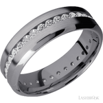 7 mm wide/High Bevel/Tantalum band with an Eternity arrangement of .03 carat Round Lab Grown Diamond stones in a Channel setting.