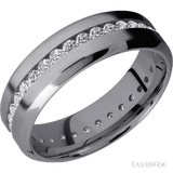 7 mm wide/High Bevel/Tantalum band with an Eternity arrangement of .03 carat Round Lab Grown Diamond stones in a Channel setting.