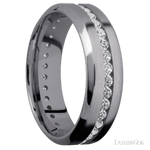 7 mm wide/High Bevel/Tantalum band with an Eternity arrangement of .03 carat Round Lab Grown Diamond stones in a Channel setting.
