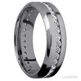 7 mm wide/High Bevel/Tantalum band with an Eternity arrangement of .03 carat Round Lab Grown Diamond stones in a Channel setting.
