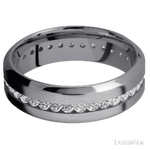 7 mm wide/High Bevel/Tantalum band with an Eternity arrangement of .03 carat Round Lab Grown Diamond stones in a Channel setting.