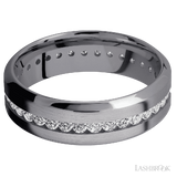 7 mm wide/High Bevel/Tantalum band with an Eternity arrangement of .03 carat Round Lab Grown Diamond stones in a Channel setting.