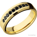 6 mm wide/Beveled/14K Yellow Gold band with an  arrangement of 9, .05 carat Round Black Diamond stones in a Bead Channel setting.