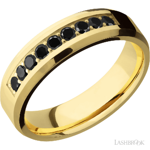 6 mm wide/Beveled/14K Yellow Gold band with an  arrangement of 9, .05 carat Round Black Diamond stones in a Bead Channel setting.