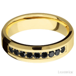 6 mm wide/Beveled/14K Yellow Gold band with an  arrangement of 9, .05 carat Round Black Diamond stones in a Bead Channel setting.