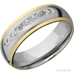 7 mm wide/Domed Stepped Down Edges/Cobalt Chrome band with  two 1 mm Edge inlays of 14K Yellow Gold and featuring an  arrangement of 9, .05 carat Round Diamond stones in a Channel setting