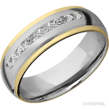 7 mm wide/Domed Stepped Down Edges/Cobalt Chrome band with  two 1 mm Edge inlays of 14K Yellow Gold and featuring an  arrangement of 9, .05 carat Round Diamond stones in a Channel setting