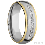 7 mm wide/Domed Stepped Down Edges/Cobalt Chrome band with  two 1 mm Edge inlays of 14K Yellow Gold and featuring an  arrangement of 9, .05 carat Round Diamond stones in a Channel setting