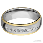 7 mm wide/Domed Stepped Down Edges/Cobalt Chrome band with  two 1 mm Edge inlays of 14K Yellow Gold and featuring an  arrangement of 9, .05 carat Round Diamond stones in a Channel setting
