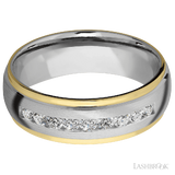 7 mm wide/Domed Stepped Down Edges/Cobalt Chrome band with  two 1 mm Edge inlays of 14K Yellow Gold and featuring an  arrangement of 9, .05 carat Round Diamond stones in a Channel setting