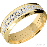 7 mm wide/High Bevel/14K Yellow Gold band with a 2 Row Eternity arrangement of .015 carat Round Diamond stones in a Bead Channel setting.