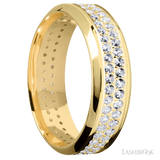 7 mm wide/High Bevel/14K Yellow Gold band with a 2 Row Eternity arrangement of .015 carat Round Diamond stones in a Bead Channel setting.