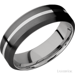 7 mm wide/High Bevel/Zirconium band with one 1 mm Centered inlay of Palladium Silver also featuring a Palladium Silver sleeve.