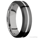7 mm wide/High Bevel/Zirconium band with one 1 mm Centered inlay of Palladium Silver also featuring a Palladium Silver sleeve.