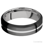 7 mm wide/High Bevel/Zirconium band with one 1 mm Centered inlay of Palladium Silver also featuring a Palladium Silver sleeve.