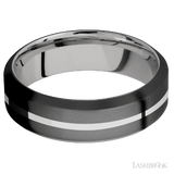 7 mm wide/High Bevel/Zirconium band with one 1 mm Centered inlay of Palladium Silver also featuring a Palladium Silver sleeve.