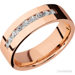7 mm wide/Flat/14K Rose Gold band with an  arrangement of 9, .05 carat Round Diamond stones in a Channel setting.