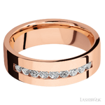 7 mm wide/Flat/14K Rose Gold band with an  arrangement of 9, .05 carat Round Diamond stones in a Channel setting.