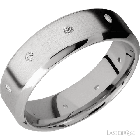 7 mm wide/High Bevel/14K White Gold band with a 9X Even arrangement of .03 carat Round Diamond stones in a Flush setting.