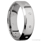 7 mm wide/High Bevel/14K White Gold band with a 9X Even arrangement of .03 carat Round Diamond stones in a Flush setting.