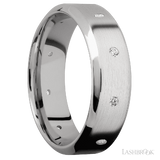 7 mm wide/High Bevel/14K White Gold band with a 9X Even arrangement of .03 carat Round Diamond stones in a Flush setting.