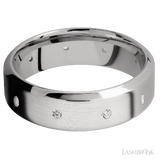 7 mm wide/High Bevel/14K White Gold band with a 9X Even arrangement of .03 carat Round Diamond stones in a Flush setting.