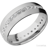 7 mm wide/Domed/14K White Gold band with an Eternity arrangement of .03 carat Round Diamond stones in a Bead Channel setting.