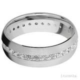 7 mm wide/Domed/14K White Gold band with an Eternity arrangement of .03 carat Round Diamond stones in a Bead Channel setting.