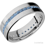 7 mm wide/Flat/14K White Gold band with an Eternity arrangement of .03 carat Round Denim Sapphire stones in a Channel setting.
