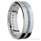 7 mm wide/Flat/14K White Gold band with an Eternity arrangement of .03 carat Round Denim Sapphire stones in a Channel setting.