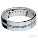 7 mm wide/Flat/14K White Gold band with an Eternity arrangement of .03 carat Round Denim Sapphire stones in a Channel setting.
