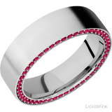 7 mm wide/Flat/14K White Gold band with a Side Eternity arrangement of .01 carat Round Ruby stones in a Bead Channel setting.