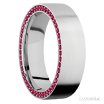 7 mm wide/Flat/14K White Gold band with a Side Eternity arrangement of .01 carat Round Ruby stones in a Bead Channel setting.